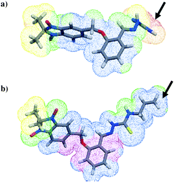 MLP maps, calculated projections of Broto-Moreau lipophilicity atomic constants on the molecular surface.38 Molecules 33 and 35 are represented as tubes with the traditional atom colors. MLP colors: red/yellow for hydrophilic regions; violet/blue for lipophilic regions; green for intermediate regions. The arrows show the polar substituent for 33 (a) and the lipophilic substituent for 35 (b).