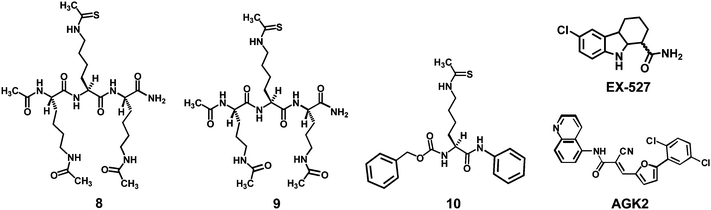 Structures of the ThAcK-containing peptidomimetic human sirtuin inhibitors 8 and 9, as well as the three reference compounds (10, EX-527, and AGK2) used in the current study.