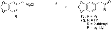 Synthesis of piperonyl ketones from nitriles. Reagents, conditions and yields: (a) (i) RCN, Et2O or THF, reflux, 7c (29%), 7g (80%), R = 2-thienyl (17%), R = 2-, 3- or 4-pyridyl (0%).