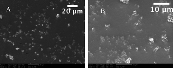 Two SEM images of material recovered after calcination using the standard procedure for particle synthesis, without boron doping. As seen above A (758× mag.) and B (2300× mag.) there are very few well-formed, unbroken particles produced using the standard procedure.