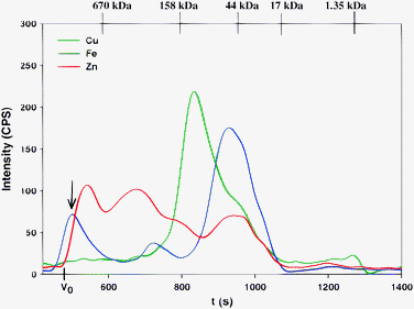 Representative simultaneous Cu, Fe and Zn-specific chromatogram of rabbit plasma on a Superdex Peptide 10/300 GL (30 × 1.0 cm I.D., 13 μm particle size) SEC column at 22 °C using 0.1 M Mops-buffer (pH 7.4) as the mobile phase. Flow-rate 1.0 mL min−1, Injection volume: 500 μL, Detector: ICP-AES at 324.754 nm (Cu), 259.940 nm (Fe) and 213.856 nm (Zn). The retention times of the molecular weight markers are depicted on top of the figure.