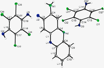 Crystal structure of 2-aminophenoxazine-3-one and reduced p-chloranil. Thermal ellipsoids are drawn on the 50% probability level; symmetry operations: *-x, 1-y, -z.
