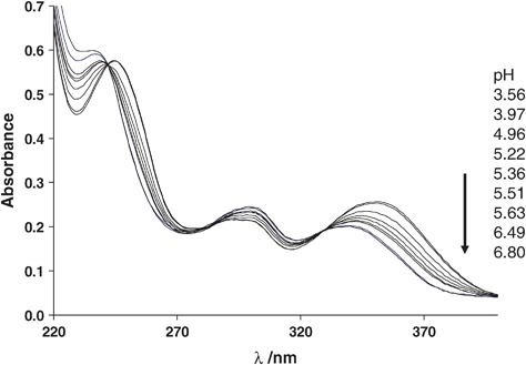 Representative UV–Vis spectra of the In-L1 system at 25 °C, I = 0.1 M (KCl) and variable pH. cIn = cL = 15 μM.