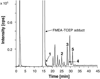 LC/ICP-MS chromatogram showing the 56Fe-trace of a standard mix with 1: GSH-FMEA, 2: PC2-(FMEA)2, 3: CysPC2-(FMEA)3 and 4: PC3-(FMEA)3, 5: CysPC3-(FMEA)4. The concentration for each standard is 0.125 mM. The other peaks could not be assigned.