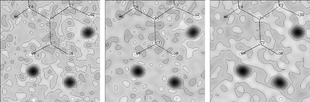 Difference Fourier maps derived from the neutron diffraction study of 2,4-DHBA, plotted in the plane of the C7, O8 and O9 atoms with protons H1 and H2 removed from the structural model. 20 (left), 90 (middle) and 150 (right) K. Note that these maps are in a different orientation from those in Fig. 4, with, in this case, the (COOH)2 dimerisation link at the bottom.