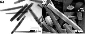 (a) TEM and (b) SEM images of GaOOH nanorods with an aspect ratio of ∼7 (inset of Fig. 1(b): a typical prism-shaped cross-section of a nanorod).