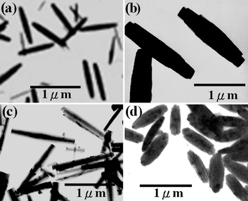 TEM images of the as-synthesized GaOOH products under various conditions: (a) 20 mmol of PVP, (b) 0.03 mmol of PVP, (c) PVP only and (d) CTAB only.