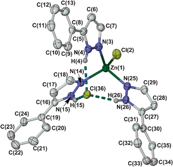 View of the asymmetric unit of [ZnCl(HpzPh)3]Cl. All H atoms not involved in hydrogen bonding have been omitted for clarity, and displacement ellipsoids are at the 50% probability level.