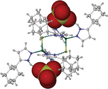 View of the hydrogen-bonded dimer in [ZnCl(HpzCy)3]ClO4, showing the pair of perchlorate ions (space-filling) lying in the bowl-shaped cavities of two [ZnCl(HpzCy)3]+ cations (50% displacement ellipsoids).