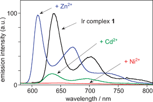 Luminescence spectral changes (77 K) of 1 (conc. = 3 × 10−6 M) in ethanol–methanol (4 : 1, v/v) upon the addition of M(ClO4)2 (M = Ni, Zn, Cd) (conc. = 6 × 10−5 M); λex = 385 nm (isosbestic point).
