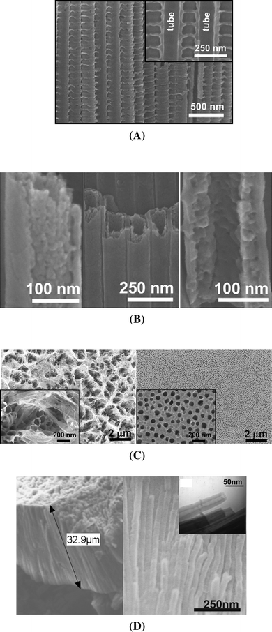 Example of advanced geometries of self-organized TiO2 nanotube layers: (A) A ‘bamboo-type’ nanotube layer (inset: half broken tube); (Reproduced with permission from ref. 85. Copyright Wiley-VCH, 2008). (B) Double-walled TiO2 nanotube structure; (Reproduced with permission from ref. 90. Copyright Wiley-VCH, 2008). (C) Nanograss formation at TiO2 tube tops under normal anodization conditions (left) and after pre-conditioning (Reproduced with permission from ref. 16. Copyright Elsevier, 2008). (D) 2nanotubes grown by rapid breakdown anodization; (Reproduced with permission from ref. 94. Copyright Elsevier, 2007).