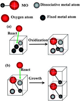 Sketches of the simulation. (a) Oxidation of a metal lattice with a dissociative atom. (b) A growth process.