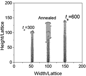 The morphologies of the nanowires obtained when t = 300, Ta = 0.2, NO = 100, and annealed with the same temperature, reacting time and oxygen density. The nanowire obtained at t = 600 is shown here for comparison.