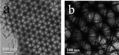 (a) TEM images of ordered macro/mesoporous carbons with macropore arrays viewed along the (111) planes and (b) high-magnification TEM images, showing the carbon mesostructure. Reproduced with permission from ref. 208.