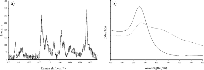(a) SERS spectrum and (b) UV–visible spectrum of the gold nanoparticle assembly before (—) and after (- - -) the addition of the target DNA. The SERS spectra were recorded using a 632.8 nm excitation wavelength.