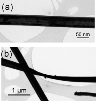 
          Bright-field TEM image of a section of TaS2nanowires (3): (a) Typical flat wire; (b) twisted wire.