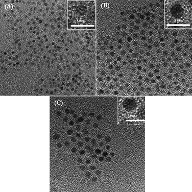 Representative TEM images of home-made PtxFe1−x catalyst nanoparticles (A) Pt1Fe3, (B) Pt1Fe1, and (C) Pt3Fe1. Insets show the corresponding HRTEM images.