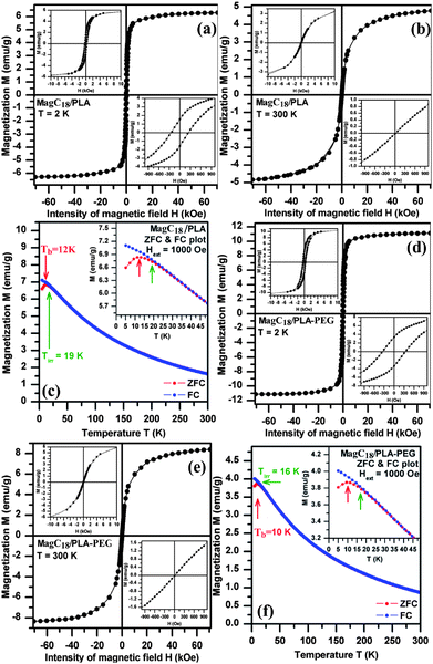 Hysteresis loops and FC-ZFC curves recorded for the MagC18/PLA (top) and MagC18/PLA-PEG (bottom) systems. The blocking temperature (Tb) and irreversibility temperature (Tirr) are indicated by the arrows. All insets show detailed representations of areas of particular interest in the corresponding diagrams.