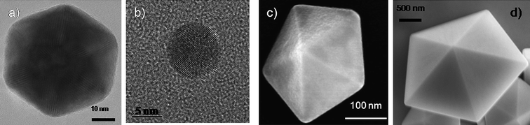 
          Electron microscopy images of an a) icosahedon of ∼80 nm, b) an icosahedron of about 7 nm, c) a decahedron of ∼300 nm, and d) a decahedron of few micrometres.