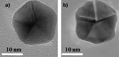 
          HRTEM images of a) a synthesized decahedral particle. b) A heated decahedral particle.