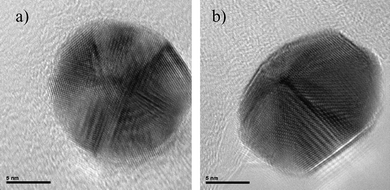 
          HRTEM images of a) an icosahedral nanoparticle and b) the same particle which has been heated inside a TEM.