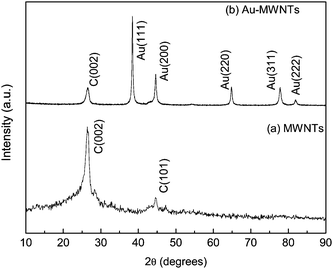 X-ray diffractograms of (a) MWNTs and (b) Au-MWNTs.