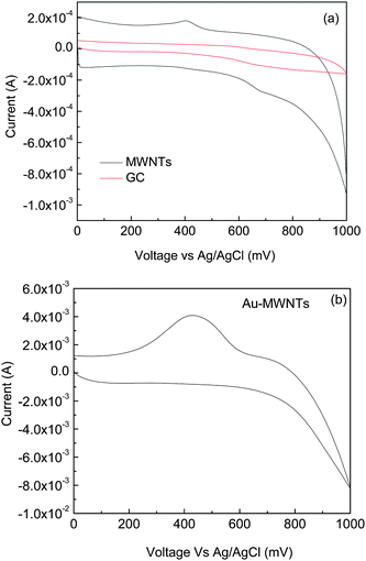 Cyclic voltammogram of (a) GC and MWNT/GC and (b) Au-MWNTs in thiocholine solution of 0.3 mM. Scanning potential range: 0–1.0 V; potential scanning rate: 100 mV s−1.