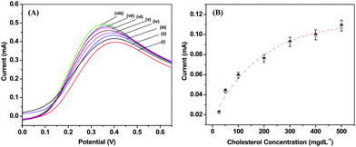 (A) LSV recorded for ChOx/PANI-NS/ITO bioelectrode as a function of concentration of cholesterol; 0 mg dL−1 (i) 25 mg dL−1 (ii), 50 mg dL−1 (iii), 100 mg dL−1 (iv), 200 mg dL−1 (v), and 300 mg dL−1 (vi), 400 mg dL−1 (vii) and 500 mg dL−1 (viii) in PBS (50 mM, pH 7.4, 0.9% NaCl) solution; (B) calibration plots derived from the LSV at 0.36 V as a function of cholesterol concentration (25 to 500 mg dL−1).