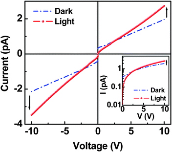 Current–voltage (I–V) characteristics of planar device coated with HRP nanolayer: Measurement was performed from 0 V to ±10 V under dark and white light illumination (100 mW cm−2). Inset shows the replotted I–V curves in semi-logarithmic scale.