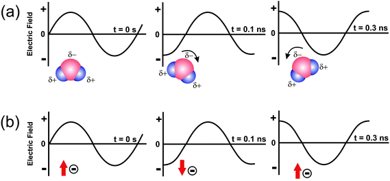 Two main heating mechanisms under microwave irradiation: (a) dipolar polarization; (b) ionic conduction mechanism.11