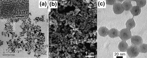 TEM or SEM images of (a) CdSe nanoparticles (reproduced from ref. 162 with permission of the American Chemical Society), (b) carbon coated LiFePO4 nanoparticles (reproduced from ref. 170 with permission of the American Chemical Society), (c) silica coated InP/ZnS nanocrystals (reproduced from ref. 182 with permission of Wiley-VCH).