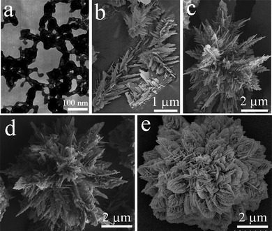 A series of EM images of the products collected at different reaction time intervals in the presence of 0.05 g EDTA and a pH value of 9. (a) Before hydrothermal treatment, and after hydrothermal treatment for (b) 45 min, (c) 100 min, (d) 150 min, and (e) 6 h.