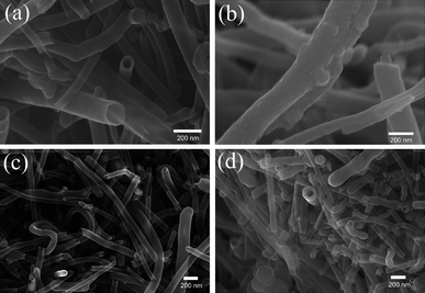 SEM images of Mn10%@CNTs (a), Mn30%@CNTs (b), PANI-L@CNTs (c), and PANI-H@CNTs (d).