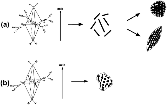 A proposed formation mechanism for CuO nanocrystals. (a) A small amount of water was introduced; (b) a large amount of water was added.