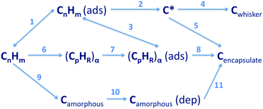 Alternative routes for the formation of carbon on metal catalysts showing the complexity of hydrocarbon decomposition.260 Examples of possible routes: A = 1, 2, and 4: (1) reversible adsorption of hydrocarbon, (2) dehydrogenation reactions on the surface, (4) to form a catalytic fibrous type of carbon (Cwhisker); B = 6, 7, and 8: (6 and 7) gas phase conversion of the hydrocarbon to form a polynuclear aromatic species, irreversibly adsorbed onto metallic sites of the surface, (8) surface rearrangement leading to encapsulating carbon; C = 9, 10, and 11: (9 and 10) formation of amorphous carbon in the gas phase, (11) dissolution and precipitation leading to encapsulating carbon. Reproduced with permission from: A. I. La Cava, C. A. Bernardo and D. L. Trimm, Carbon, 1982, 20, 219–223. Copyright 1982 Elsevier.