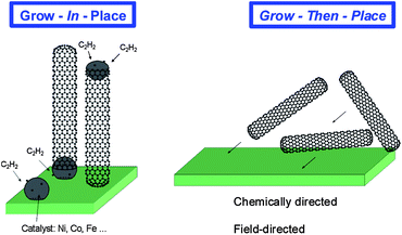Pictorials comparing the “grow-in-place” and “grow-then-place” techniques.122 Figure reproduced with permission from Professor Carl V. Thompson (MIT).