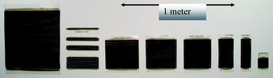 Examples of the scale on which modules have been prepared. Modules from about 50 × 50 cm2 (left) to 10 × 10 cm2 (right) are shown. The devices span from single stripe cells to serially connected modules where the smallest module has 2 serially connected stripes and the largest has 38 serially connected stripes. Stripe widths from 5 to 18 mm are shown.