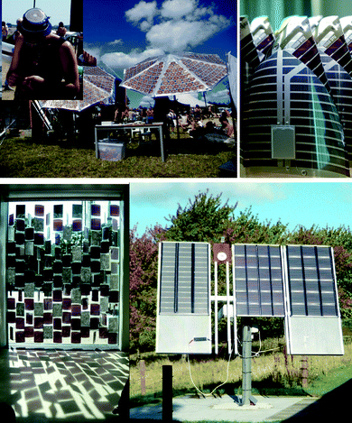 Photographs of various OPV demonstration projects. The solar hat (ref. 19) is shown (top left), the lamp for the Lighting Africa initiative (top right), the mobile curtain Suntiles™ that was designed by Astrid Krogh and displayed publically at the Danish Design Centre during autumn/winter 2009/2010 (bottom left) and the grid connected OPV modules (panel size: 1 m × 1.7 m) mounted on a solar tracking station (bottom right).