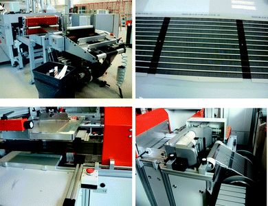 Screen printing of silver using a Klemm line as seen from the un-winder (top left) and the same device type (12 × 18 mm stripes) after having printed the silver (top right). Flat bed screen printing using a flat bed screen printer from Alraun (bottom left) showing 16 × 13 mm stripes on the re-winder (bottom right).