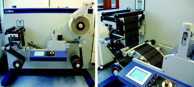 Laminator comprising un-winder, edge guide and cutting table, laminator, laminate un-winder, longitudinal cutting knifes and re-winder (left). A photograph of the edge guide system (right).