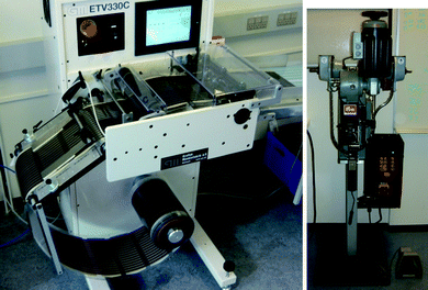 The simple sheeting machine employed in this study comprising un-winder, transport roller camera, knife cutter and conveyor belt (left). A photograph of the Prym button contact machine (right).