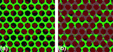 Final configuration for coverages (a) 0.27 and (b) 0.75 (the unit cell is made by 16 pores). Xe atoms in the pores are highlighted in red. Almost all Xe islands in the pores are rotated by 30 degrees as prevalent in the experiment.