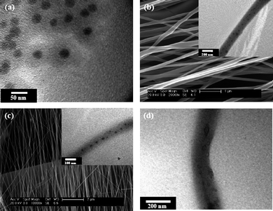 (a) TEM image of core–shell SiO2-g-PGMA98 nanoparticles; (b) SEM image of nanofibers electrospun from a 20 wt% of SiO2-g-PGMA63 solution in THF, inset: TEM image of fiber; (c) SEM image of nanofibers electrospun from a 11 wt% of SiO2-g-PGMA148 solution in THF, inset: TEM image of fiber; (d) TEM image of nanofibers electrospun from a 20 wt% of SiO2-g-PGMA63 solution in THF after 10% of HF acid treating for 10 h.