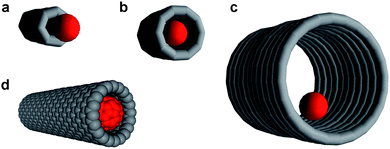 The ratio of guest-species diameter (red ball) to nanotube internal diameter determines the efficiency of nanotube–molecule interaction. If the nanotube is too narrow, the guest species cannot be encapsulated (a); if the nanotube is too wide, the host–guest interactions are weak (c). A ‘snug fit’ (b) enables efficient encapsulation of the guest species within the nanotubes, such as in the case of a fullerene C60 molecule and a 1.3 nm wide single-walled carbon nanotube (d—the van der Waals surfaces of the fullerene and nanotube are shown).