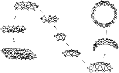 Schematic diagram of the boron cluster growth according to the “Aufbau principle”. One of the key elements is the hexagonal pyramid B7. Starting from one B7 unit, further atoms are added to form new B7 units, which finally leads to the formation of boron sheets and boron nanotubes. Reproduced from ref. 60, copyright (1997) The American Physical Society.