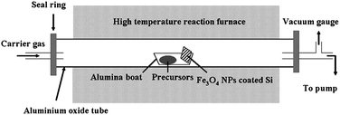 Schematic of the chemical vapor deposition system. The carrier gas is (10%) H2/Ar. The central part is the high temperature tube furnace. In the growth region, the precursor boat is 1.5 cm away from the substrate. The exhaust gas was pumped out by mechanical pump.
