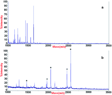 MALDI mass spectrum of (a) peptide mixture originated from β-casein and BSA with a ratio of 1 : 50 and (b) phosphopeptiedes enriched form peptide mixture using α-Fe2O3@SnO2 nanotubes. * phosphopeptides, # the metastable losses of phosphoric acid.