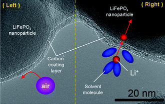 High resolution TEM image of LiFePO4/carbon nanocomposite. Left: schematic representation showing that a carbon coating layer can prevent the direct contact between LiFePO4 nanoparticles and the air including O2 and H2O. Right: schematic representation showing that a carbon coating layer can reduce the contact area between LiFePO4 nanoparticles and solvent molecules in electrolyte (ref. 18).