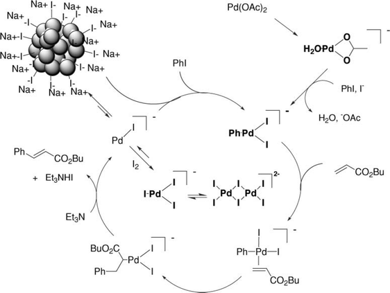 Mechanism proposed for the ligand-free Heck reaction between aryl iodide and butyl acrylate. Figure reproduced with permission from ref. 128. Copyright (2006) The Royal Society of Chemistry.