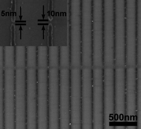 SEM image of Au/Pd-MNGP on a glass substrate showing lines with ∼20 nm width and 200 nm pitch, and intentional gaps of ∼5 and 10 nm (inset) (from ref. 34).